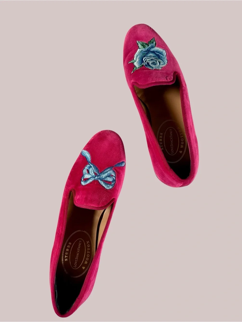 LoveShackFancy x Stubb & Wootton Bow Slippers in Pink Velvet - Picture 10 of 15